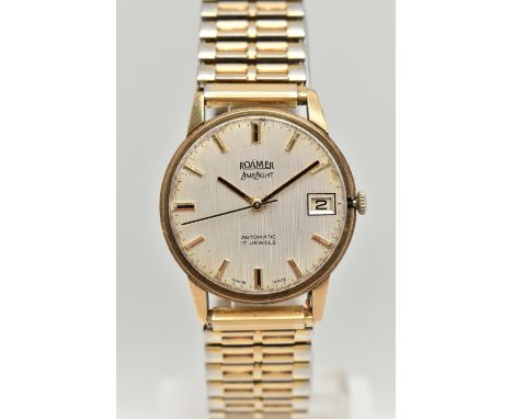 A GENTS 9CT GOLD 'ROAMER' WRISTWATCH, AF automatic, round silver engine turned pattern dial signed 'Roamer Lime Light, Automa