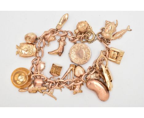 A 9CT GOLD CHARM BRACELET, rose gold curb link bracelet, each link stamped 9.375, fitted with a later added plated bolt sprin