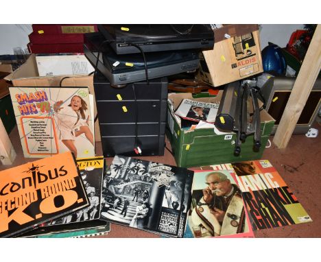 FIVE BOXES OF ELECTRICALS AND SUNDRIES, to include an Aldis SN12 projector and folding screen, a personal electronic massager