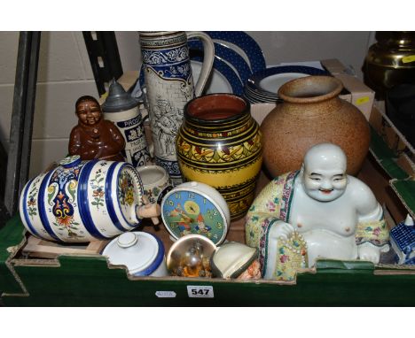 TWO BOXES OF DECORATIVE CERAMICS AND DINNER WARES ETC, to include a Moroccan Saffi vase, a Chinese ceramic Buddha figure, Smi