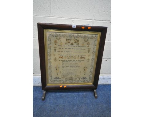 A VICTORIAN ROSEWOOD TAPESTRY FIRE SCREEN, with a needlework mourning tapestry, width 64cm x 79cm (condition report: copy of 