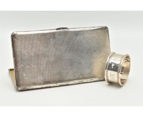 TWO SILVER ITEMS, to include a rectangular form cigarette case, engine turned pattern, gilt interior, hallmarked 'A E Poston 