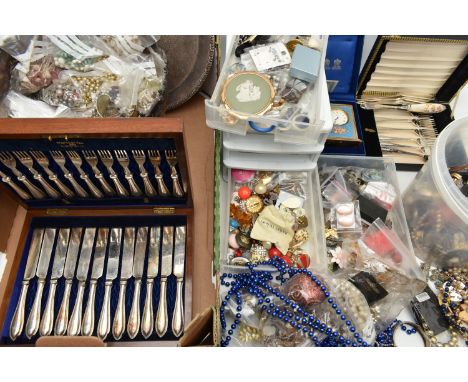 A BOX OF COSTUME JEWELLERY AND WHITE METAL WARE, large quantity of assorted costume earrings, beaded necklaces, bracelets etc