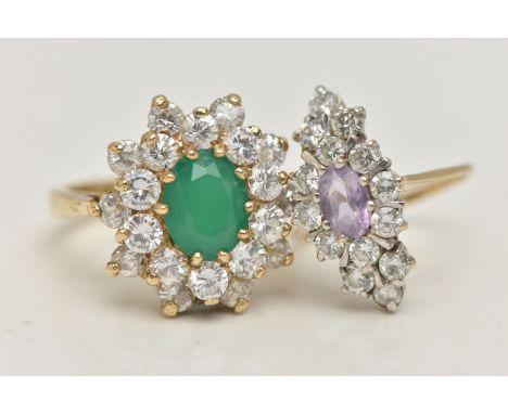 TWO 9CT GOLD GEM SET RINGS, the first designed as a central oval dyed chalcedony within a two tier cubic zirconia surround, r