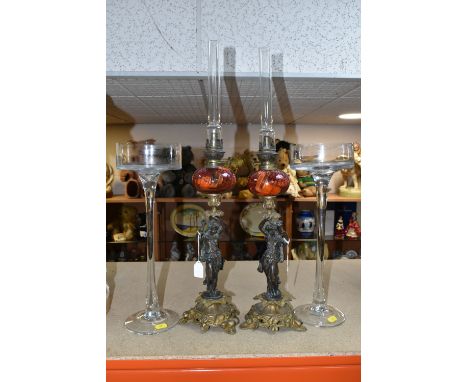 A PAIR OF PHILIPE H. MOUREY OIL LAMPS CIRCA LATE 19TH CENTURY, each lamp has a central column formed as a bronzed female figu