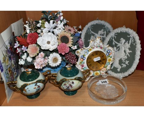 A GROUP OF DECORATIVE ITEMS, CERAMICS AND GLASS, comprising a Coalport clock decorated with modelled flowers (some petal chip