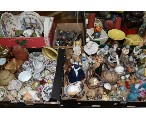 FIVE BOXES OF CERAMICS, METALWARE AND SUNDRY ITEMS, to include a West German 517-30 vase, Sylvac marmalade and strawberry jam