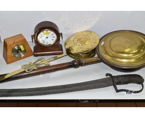 A GROUP OF METALWARE, comprising a large copper and brass bed warmer pan, a brass chestnut roaster, a Tempest desk top barome