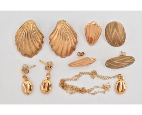 FOUR PAIRS OF EARRINGS AND A PENDANT NECKLACE, to include a pair of shell shape yellow metal earrings, post and scroll fittin