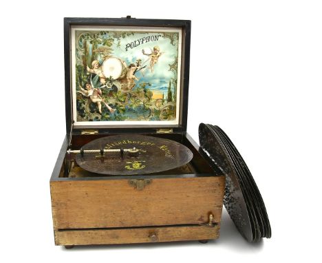 Kleines Polyphon. Nussbaumgehäuse. Innendeckel mit Lithographie. Walzenspielwerk mit Kamm (vollständig, läuft), Ratschenaufzu