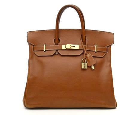 Vintage "Birkin Bag", Hermès. Epsom-Leder in der Farbnuance "Gold" (braun). Goldfarbene Hardware, gem. "HERMÈS-PARIS". Zwei k