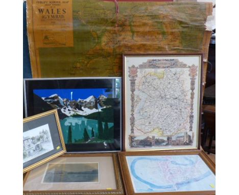 Shropshire print, rock mountains gouash painting (Jerry Sa;tmarsh 2003) and Phillips Map Of Wales 3.15 miles to an inch Unfor