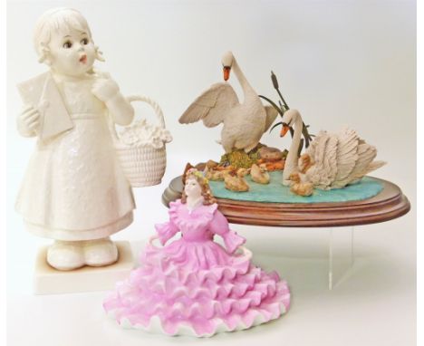 A large goebel/hummel expressions of youth figure, Coalport lady and a country artists swans group Unfortunately we are not d