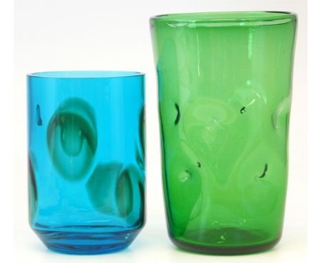 Whitefriars kingfisher blue vase with green spots and original paper label, also a green dimple vase largest item 25cm Unfort