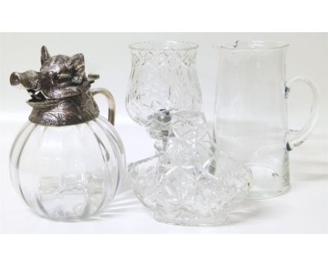 A silver plated boar head decanter, cut glass basket, lamp and a water jug Unfortunately we are not doing condition reports f