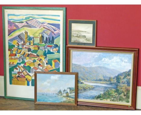 Large framed Desnoyer signed print, Retrow, 20th century Abbey on River, oil, Robin Hood's Bay, watercolour and another (4). 