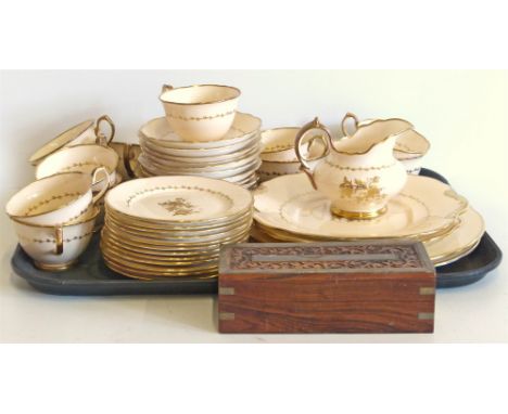 41 Pieces Hammersley & Co bone china tea ware, cream/gilt in colour with floral decoration and hardwood brass inlaid box Unfo