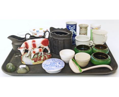 A collection of early ceramics and glass including three pieces of Baddeley black basalt, Watcombe pottery bowls, pot lid, Du