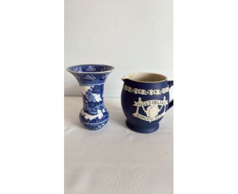 Wedgwood 'Fallow Deer' pattern ceramic vase, blue and white, Etruria, England.