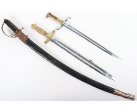 Two bayonets and a sword, including a 19th century Indian sword with scabbard, blade 77cm, a French gladius sword with plated