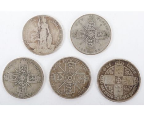 Coins - a selection of English silver Florins, Victoria Gothic 1860, 1889, Edward VII (date unclear), 1922, 1923, all AF, (5)