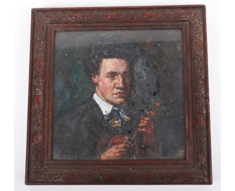 Oil Painting Painted at Dartmoor Prison 1918, showing a musician holding a violin. Signed to the bottom corner “G.M 1918”. Ho
