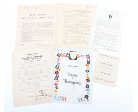 WW2 British Personal Messages, 5x printed personal messages and Eighth Army service of thanksgiving. These were given to Brit