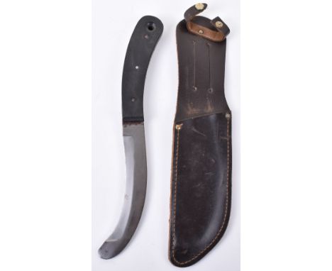 WW2 Period Air Force Survival Knife, with two piece slab grips. Curved single edged blade. Housed in leather scabbard.