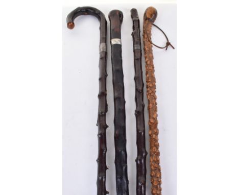 4x assorted knobbly walking sticks, including 3 with large silver collars engraved MHH from WCH 1884; S F Brerton Martin, Dun