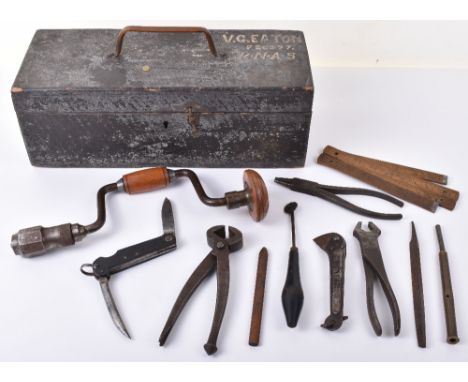 WW1 Royal Naval Air Service (R.N.A.S) Aircraft Fitters Tool Box, being a wooden tool box with stencilled details of the origi