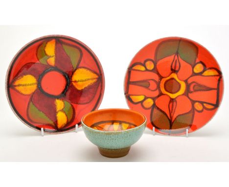 Poole: a shape 38 bowl, decorated by Janet Laird, 12cms (4 3/4in.) diameter; and two Delphis pattern dishes, 20cms (8in.) dia