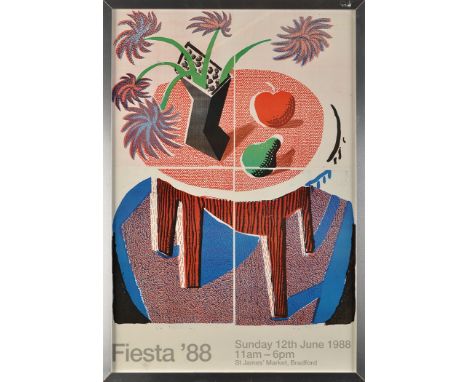 After David Hockney
"FIESTA '88 (FLOWERS, APPLE AND PEAR ON A TABLE)"
colour lithographic poster for an exhibition at St. Jam