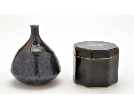 Derek M. Davis: a small stoneware vase, of bulbous form with slender neck, blue, green and purple glaze, signature to undersi