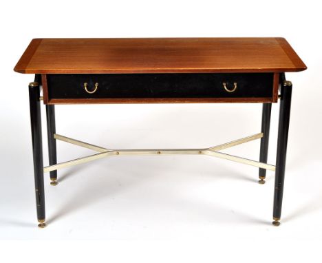 A G Plan teak veneered and ebonised desk/console table, c.1960, the rectangular top with single ebonised drawer below, raised