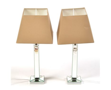 A pair of bevelled mirror pattern table lamps, with square tapered shades, with 'Kipfold Lighting' labels to underside, 52cms