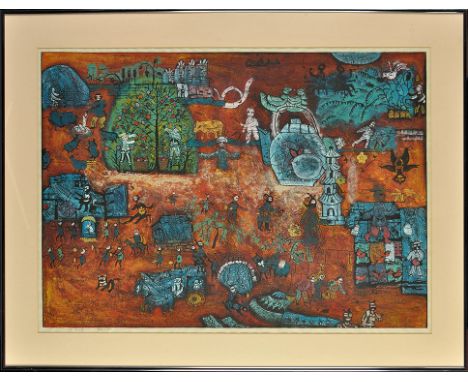 20th Century Chinese School
LANDSCAPE WITH FIGURES
signed in pencil
inscribed (in Chinese) and dated 1989
colour lithograph, 