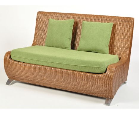 A 'Celestia' split two-seater sofa and matching chair, with wooden frame, split rattan weavegreen cushions and aluminium legs