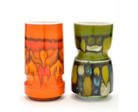 Two Poole Pottery ware vases, both marked 'Shape No. 84', one decorated by Valerie Pullen, 23cms (9in.) high.
