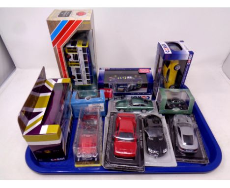A tray containing assorted die cast vehicles and buses to include Exclusive First Editions and Corgi, boxed 