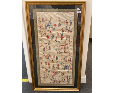 A Japanese silk embroidered panel showing a garden scene with multiple figures and a pagoda, 85 cm x 42 cm, together with ano