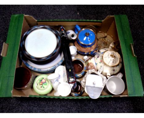 A box containing a quantity of assorted ceramics to include Denby dinnerware, Maling sugar bowl, Carltonware lidded pot, Wedg