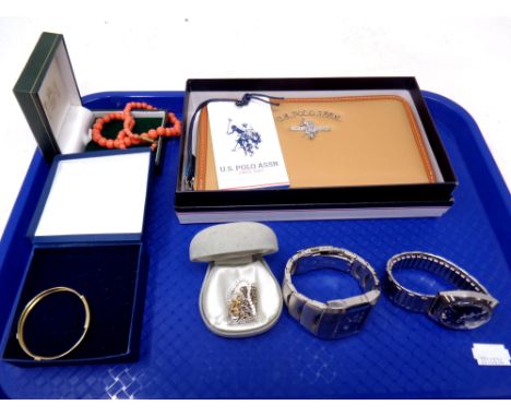 A tray containing costume jewellery, beaded necklace, baby's bangle, gent's wristwatches, together with a US Polo purse (boxe
