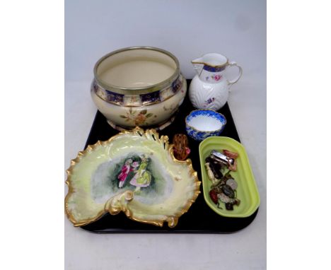 A tray containing assorted ceramics to include a Coalport Caughley mask head jug, a Spode willow patterned sugar basin, hand 