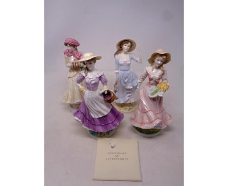 A set of four Royal Worcester Seasons limited edition figures, Spring, Summer, Autumn and Winter (Winter damaged), with certi