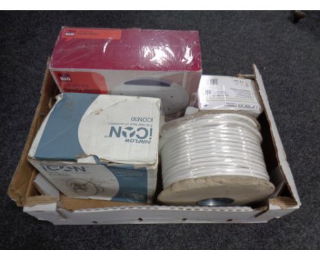 A box containing spool of cable, Acion ventilation, a B&amp;Q wire free alarm (new) together with a flood light  
