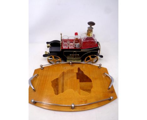 A 20th century musical automobile decanter and glass stand, together with a marquetry inlaid gallery tray  