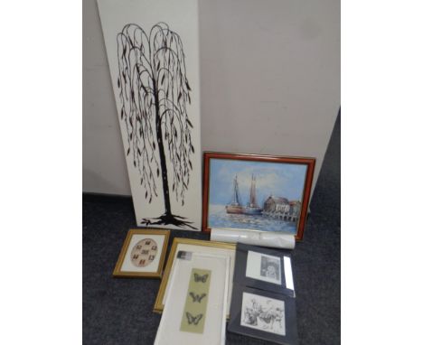 A quantity of pictures to include signed pencil sketches, contemporary wall canvas, framed stamps, Henry VIII and his wives, 