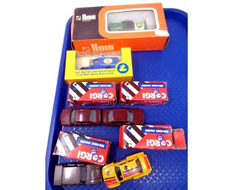 A box containing Corgi die cast cars, boxed, a Emulsiderm delivery van, together with a Lima HO Scale wagon 