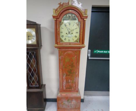 An antique longcase clock with painted dial signed Maideman and Son, in a painted oriental style case 