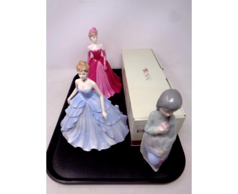 A tray containing Nao figure, Becky, together with two Coalport Ringtons limited edition figures, Evening Elegance and Evenin